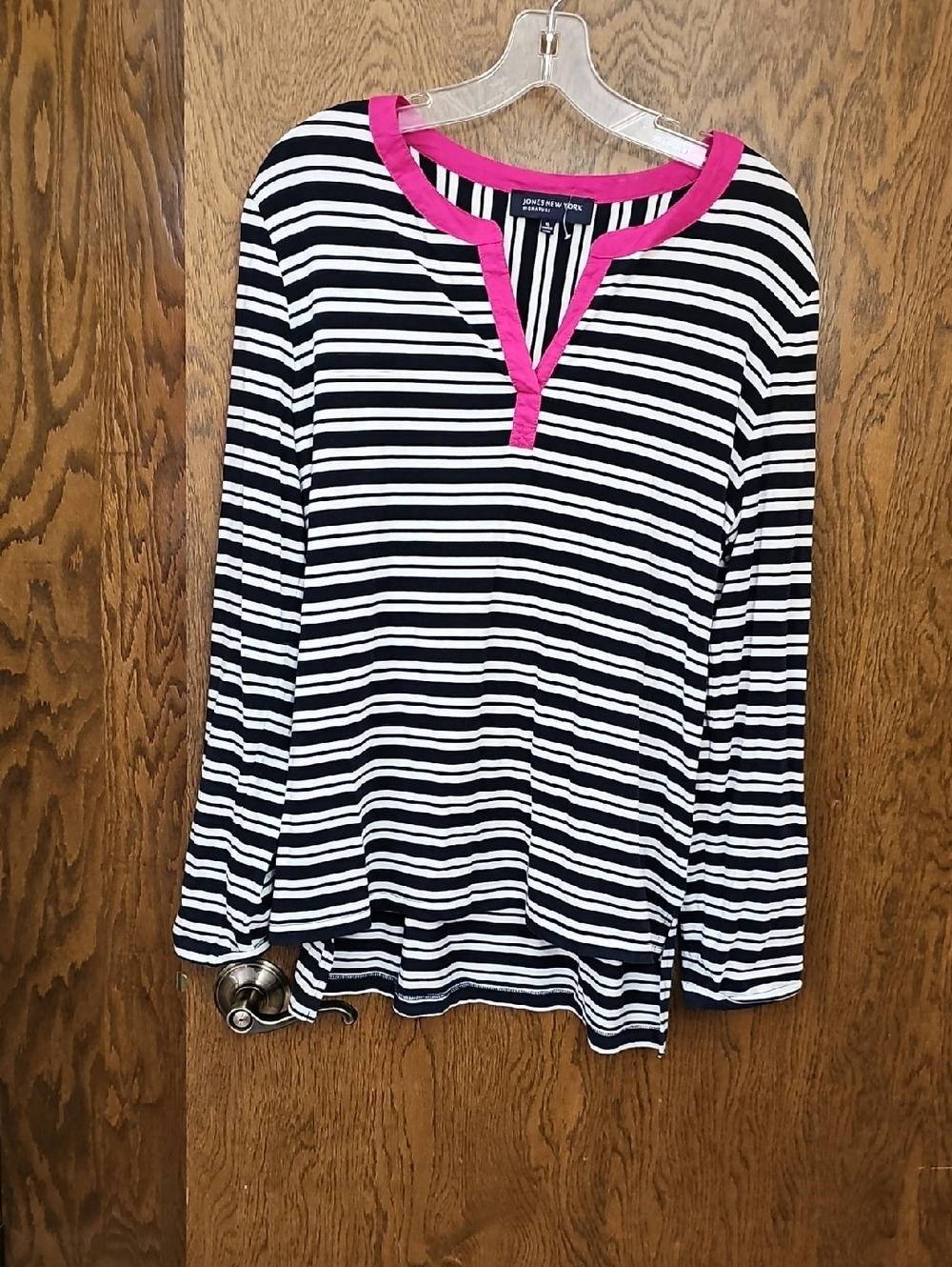 Jones New York Black and White Striped Long-Sleeve Top with Pink Trim